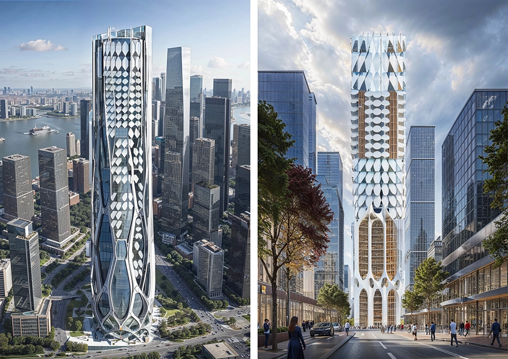 Two architectural visualizations of futuristic skyscrapers featuring intricate geometric facades, sculptural structural patterns, and computational design principles.