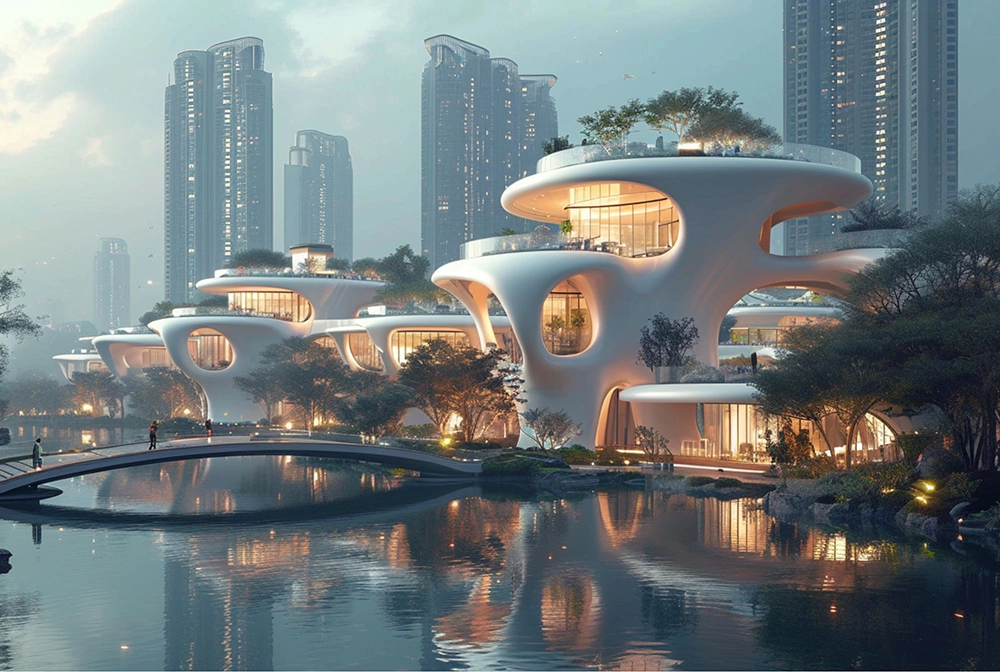 Architectural visualization of futuristic residential buildings with elevated circular volumes, landscaped rooftops, and organic forms overlooking a waterfront.