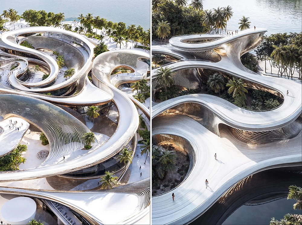 Aerial architectural visualizations of a futuristic waterfront complex featuring algorithm-generated flowing pathways, layered terraces, and interconnected organic structures.