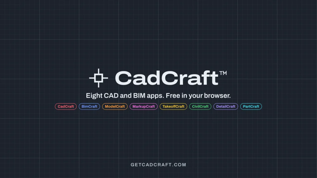 Dark grid background with CadCraft logo and eight colourful app badges including BimCraft, advertising free browser-based CAD and BIM tools