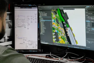 Close-up of a designer working on dual screens showing circuit schematics on the left and a colourful 3D PCB assembly model on the right
