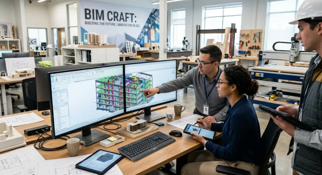 Collaborative review of a BIM model in a design studio environment, highlighting the practical workspace where tools like BIMCraft are tested.