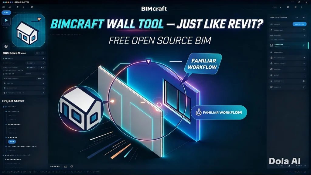 Dark-themed promotional graphic for BIMCraft showing a glowing 3D wall and window model with text “BIMCRAFT WALL TOOL — JUST LIKE REVIT? FREE OPEN SOURCE BIM”