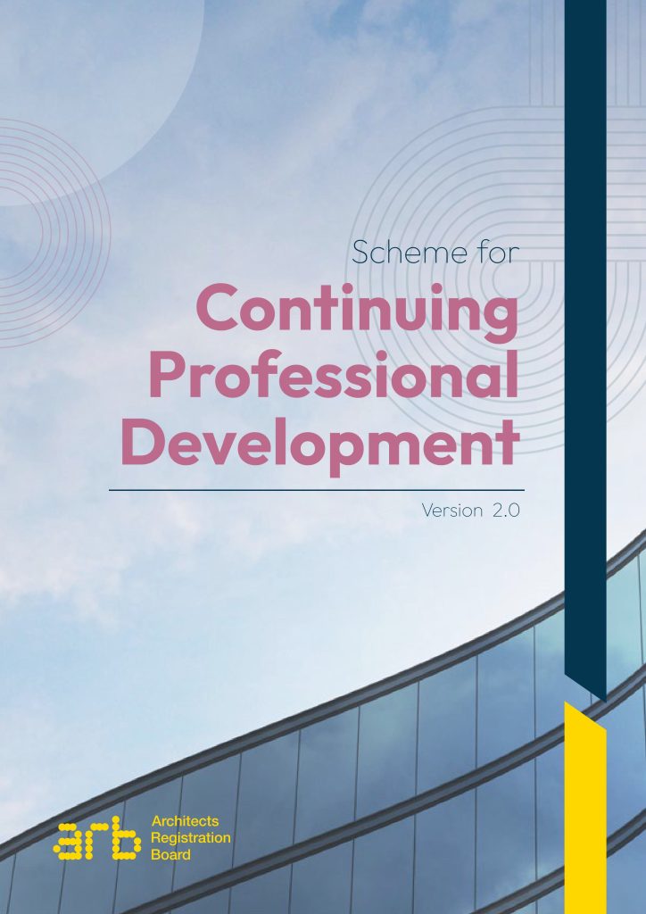 Cover of the ARB Scheme for Continuing Professional Development Version 2.0 showing a modern glass building against a cloudy sky