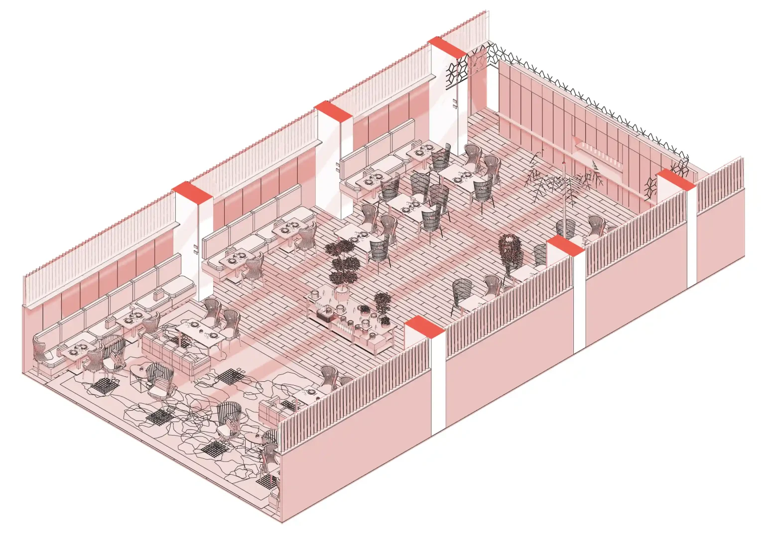 Restaurant axonometric: architecture, furniture and objects organised as editable components. Image: FORMAS.AI.