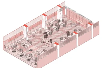 Restaurant axonometric: architecture, furniture and objects organised as editable components. Image: FORMAS.AI.