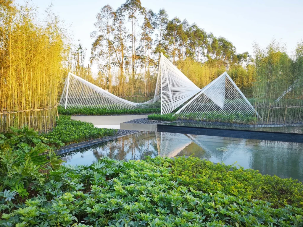 Ground-level view of angular white steel frames reflected in a calm pond with golden bamboo and green planting