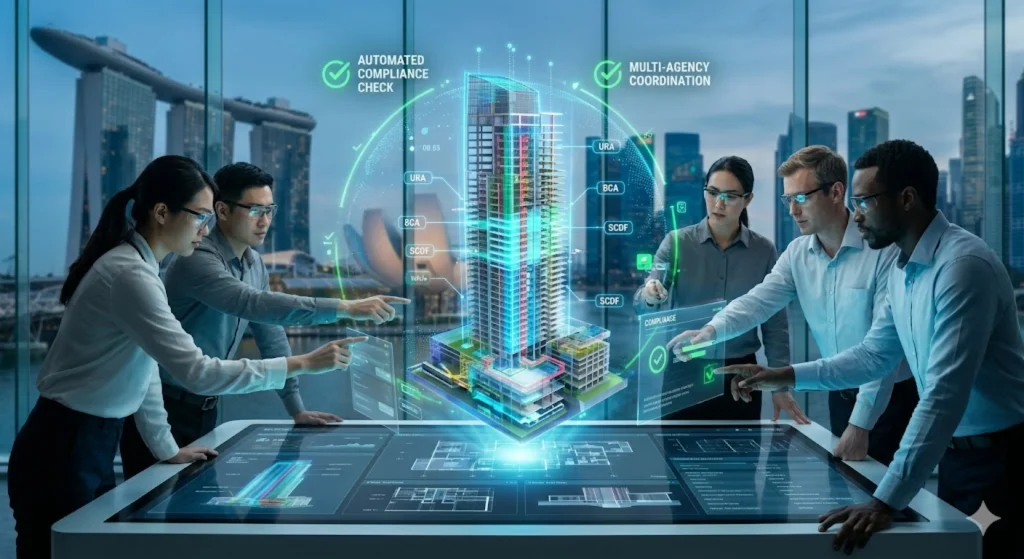 A group of architects and engineers surrounding an interactive digital table displaying a 3D hologram of a high-rise building model with Singapore's skyline in the background.