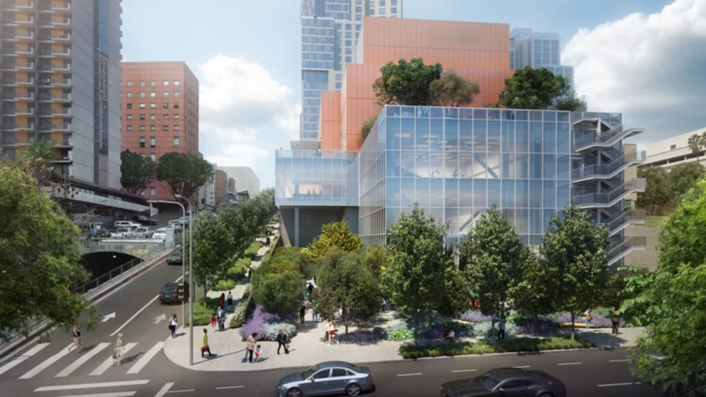 Architectural rendering of the glass-fronted Dance Center with rooftop trees and street-level garden