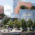 Architectural rendering of the glass-fronted Dance Center with rooftop trees and street-level garden
