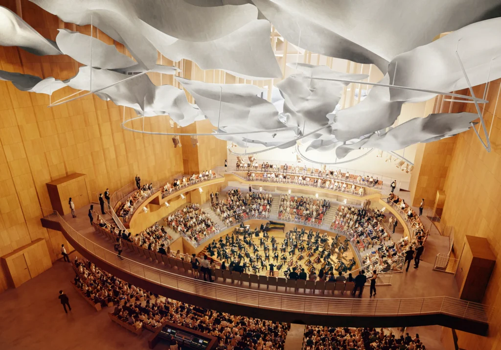 Rendering of the in-the-round Terri and Jerry Kohl Hall filled with audience and orchestra under floating white forms