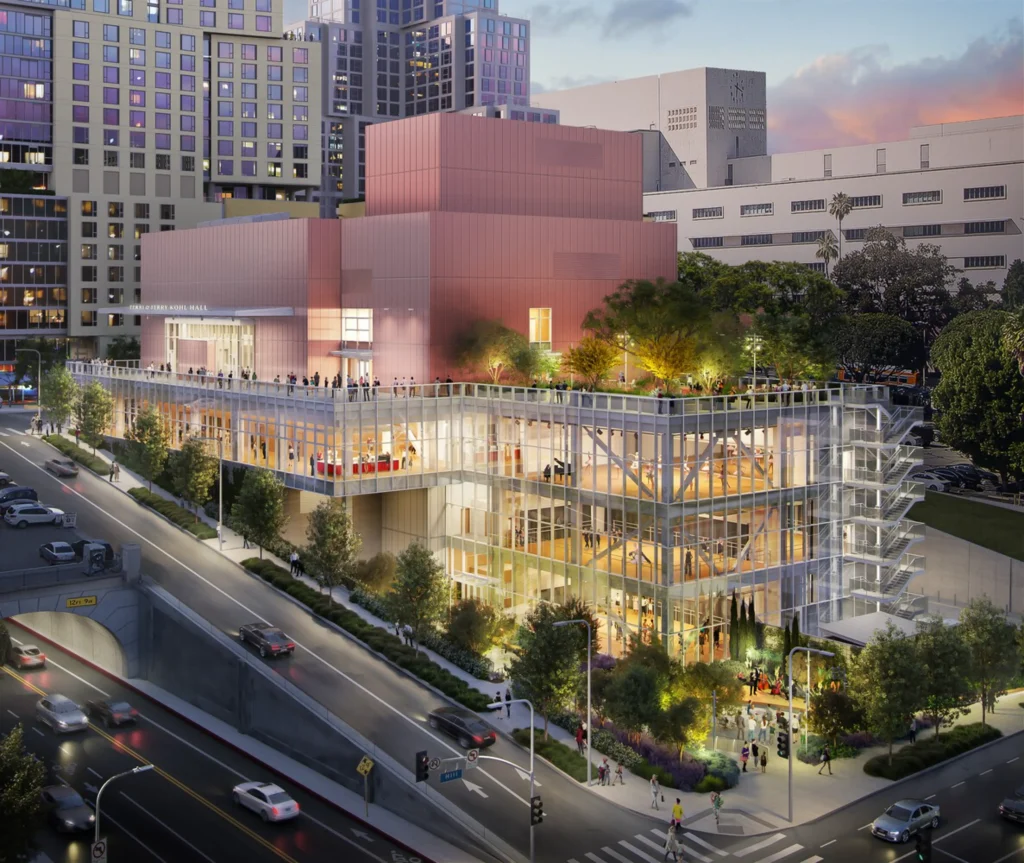 Evening rendering of the illuminated pink and glass building with people on the terrace and dancers visible inside