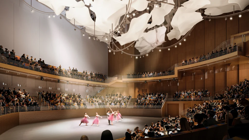 Interior rendering of a ballet performance on stage with full audience and orchestra in the round hall