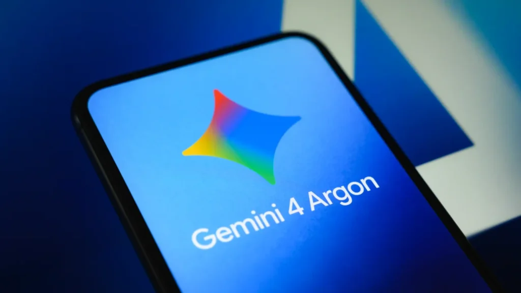 Close-up of a smartphone screen showing the multicolored Gemini star logo and the text “Gemini 4 Argon”