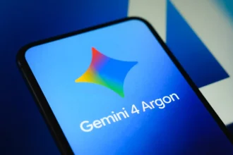 Close-up of a smartphone screen showing the multicolored Gemini star logo and the text “Gemini 4 Argon”