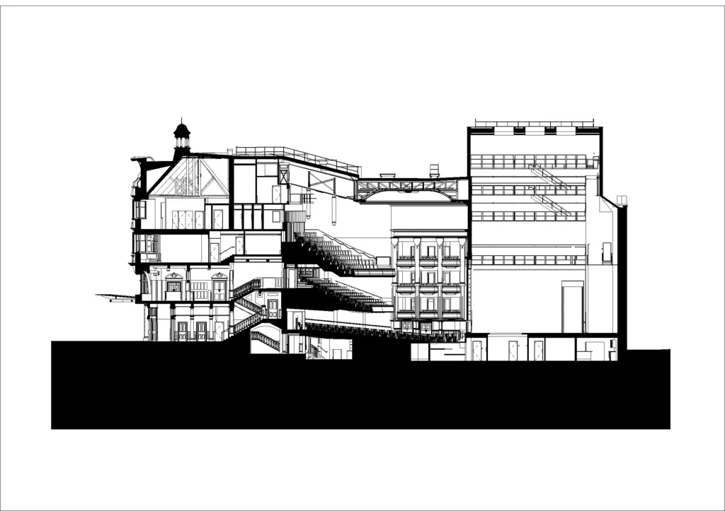 Architectural section drawing showing the theatre’s auditorium, stage and raised fly tower