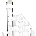 Architectural section drawing through the tower house showing stairs, rooms and the upper balcony