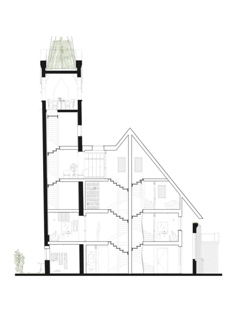 Architectural section drawing through the tower house showing stairs, rooms and the upper balcony