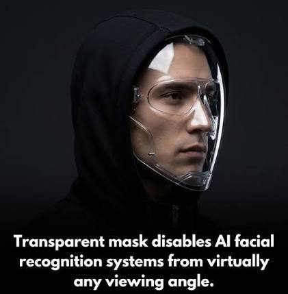 Person in a black hoodie wearing a transparent face shield mask, with text overlay about disabling AI facial recognition