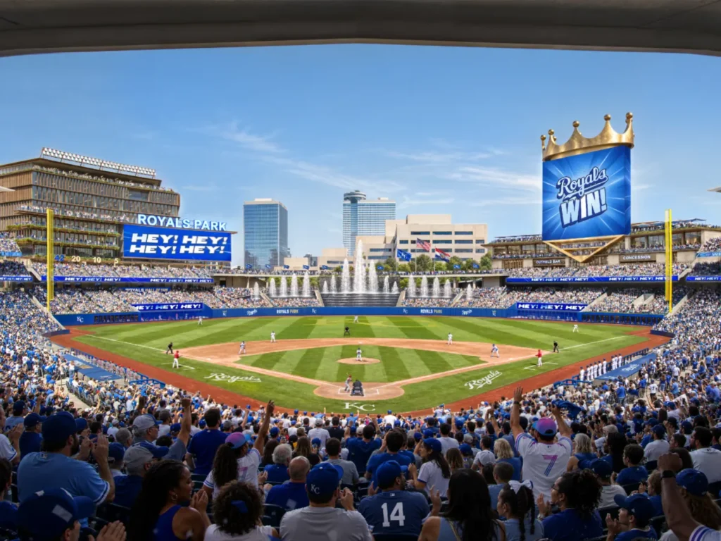 Interior view of the packed stadium looking toward the outfield fountains and crown-topped scoreboard under a clear sky