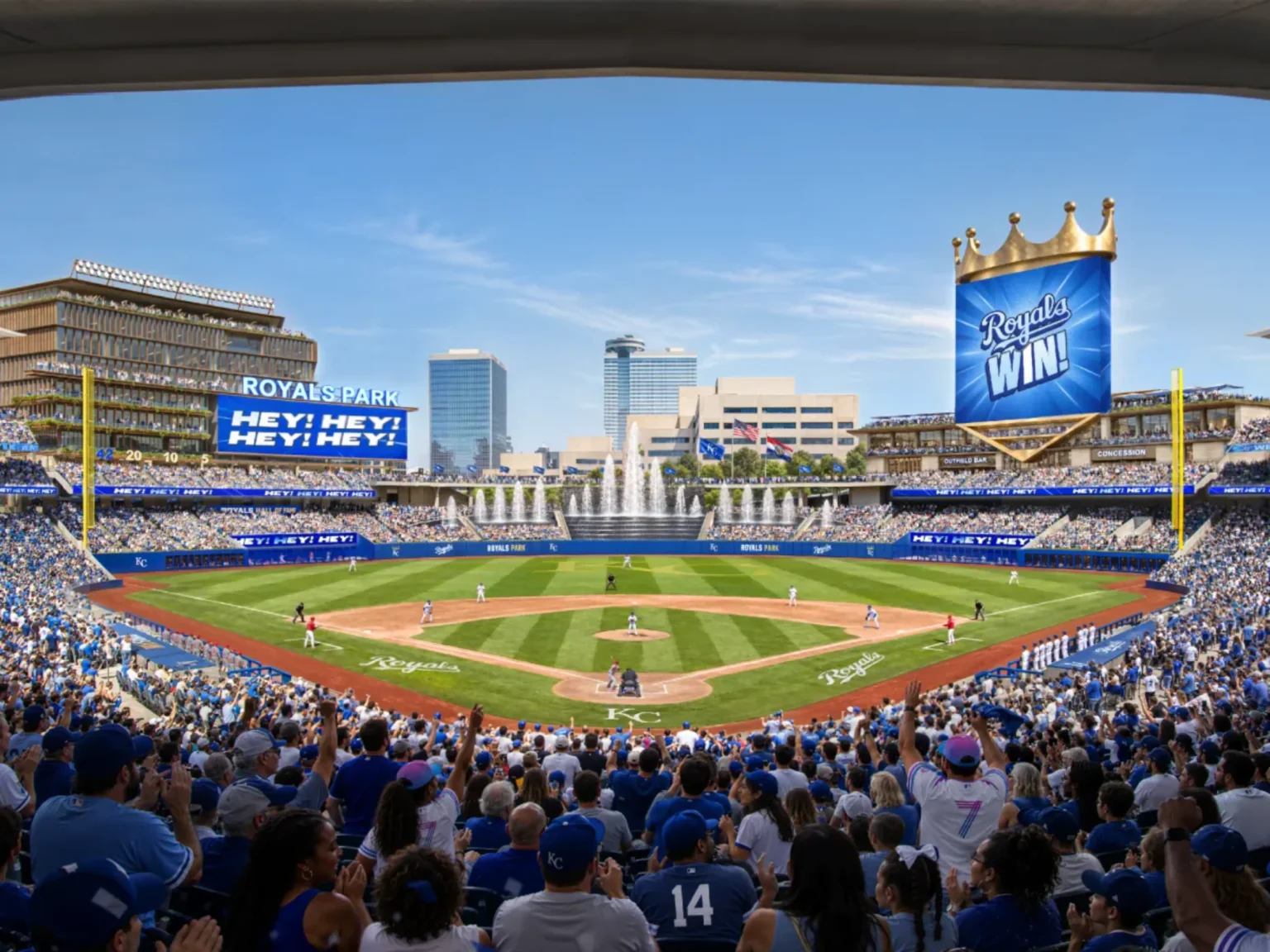 Interior view of the packed stadium looking toward the outfield fountains and crown-topped scoreboard under a clear sky