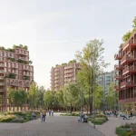 Curving pedestrian path lined with trees and outdoor seating, surrounded by terracotta and red brick apartment buildings with green roofs
