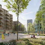 Tree-lined pedestrian street between mid-rise residential buildings with brick and green façades, outdoor cafés and people walking in a landscaped public space