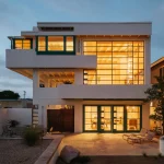 Night view of the illuminated white modernist house with large glass walls glowing golden, outdoor seating on the terrace and blue evening sky