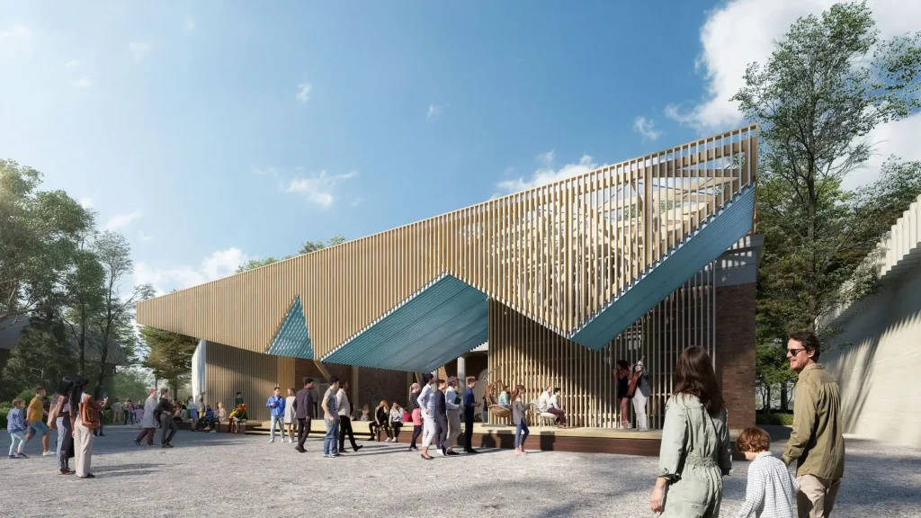 Rendering of a modern wooden slat porch structure with a turquoise underside built around a historic brick building with visitors walking in front.