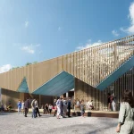 Rendering of a modern wooden slat porch structure with a turquoise underside built around a historic brick building with visitors walking in front.