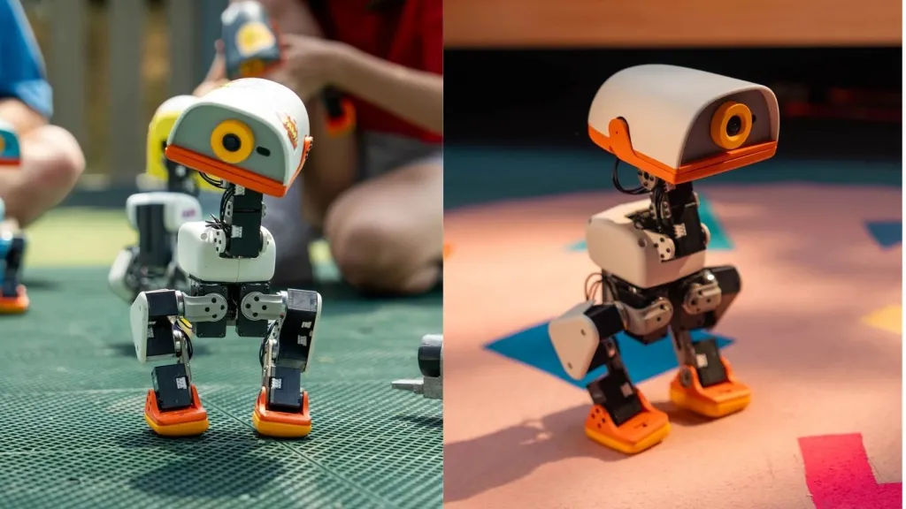 Side-by-side photos of two Microduck robots standing on colourful floors, one grey with yellow accents and one white with orange accents