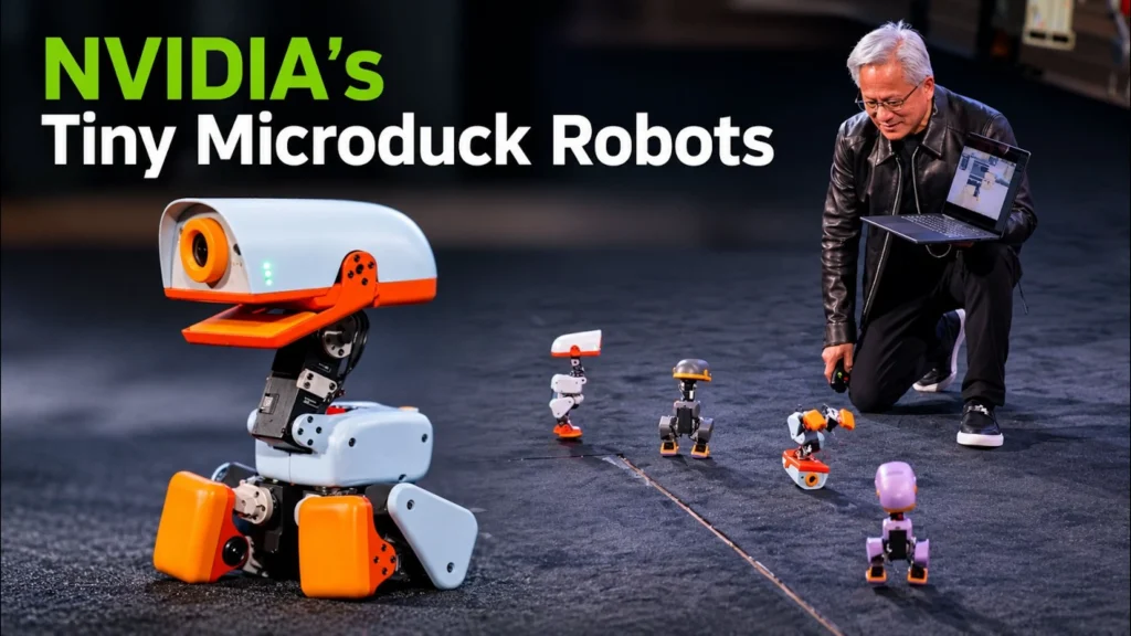 Jensen Huang kneeling on stage with a laptop while several Microduck robots stand in a line in front of him