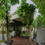 Pathway lined with mature trees and raised planters leading through the open structure of Mitte Oblique Garden, with wooden decking, seating, and people walking and resting under the canopy.