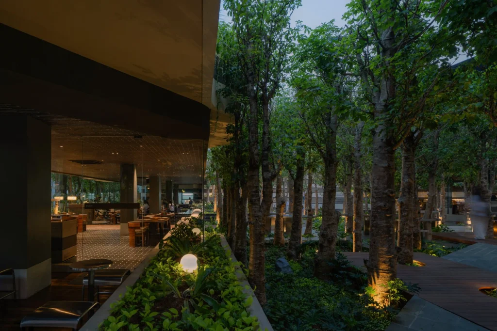 Nighttime view of the dense tree grove and outdoor seating areas at Mitte Oblique Garden, with soft ground lighting highlighting tree trunks and an open glass-fronted interior dining space beyond.