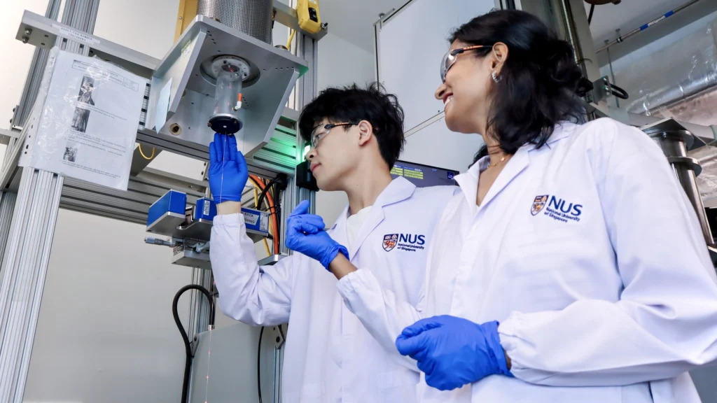 Two researchers in white NUS lab coats and blue gloves examine a thin electronic fibre being drawn from laboratory equipment