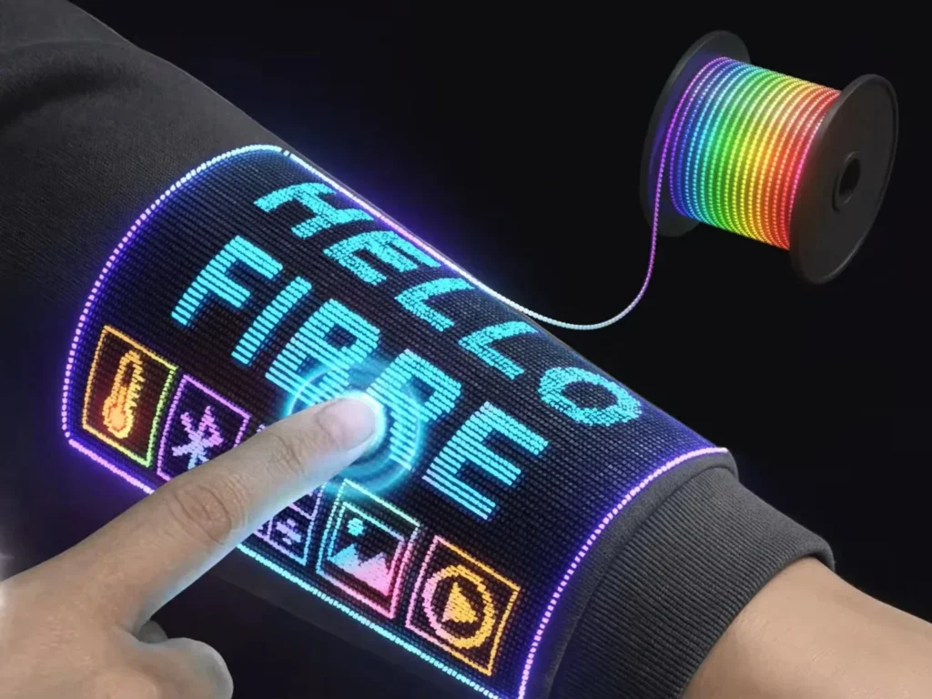 Close-up of a finger pressing a glowing touchscreen woven into a dark sleeve, displaying the word “FIBER” in blue pixels along with colourful icons for temperature, photos and media, while a spool of rainbow electronic fibre floats nearby