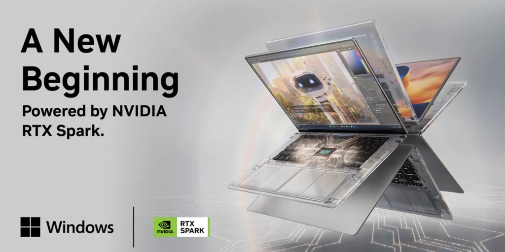 Promotional image of multiple transparent and metallic laptops floating in formation, displaying AI and creative software, with text “A New Beginning Powered by NVIDIA RTX Spark”