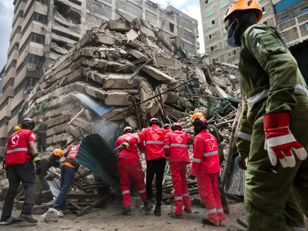 When Concrete Fails: Nairobi Building Collapse Exposes Urban Design Failures_Red Cross and emergency responders in red and green uniforms working at the base of the collapsed concrete structure amid dust and debris