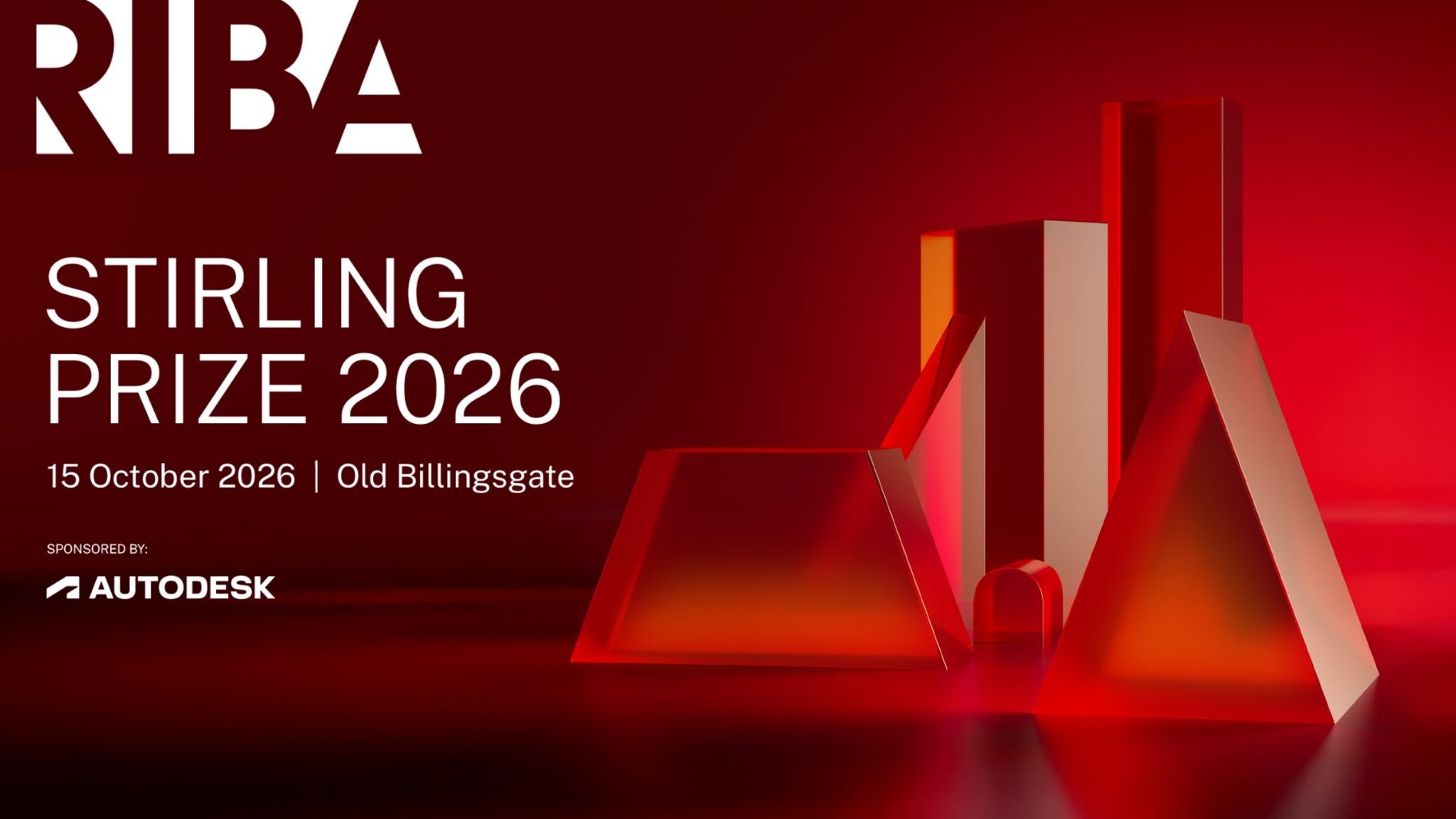 Official RIBA Stirling Prize 2026 graphic with red geometric trophy forms and Autodesk sponsorship