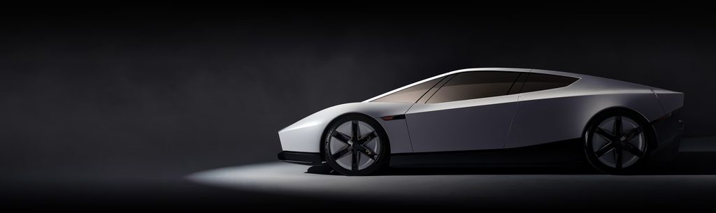 Side profile of the white Tesla Roadster on a dark reflective surface