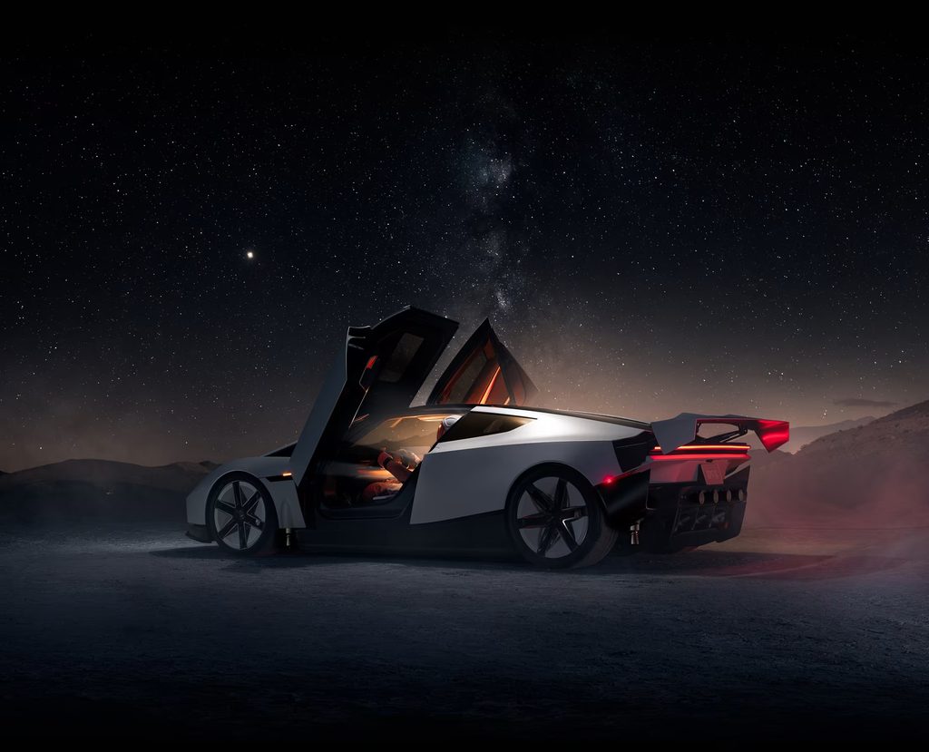 Tesla Roadster with butterfly doors open against a dark background