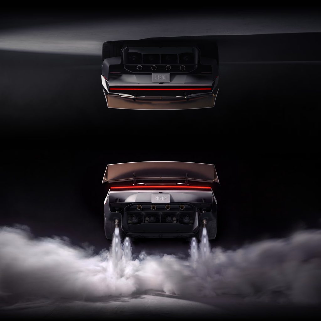 Rear view of the Roadster with thrusters firing and white vapour rising