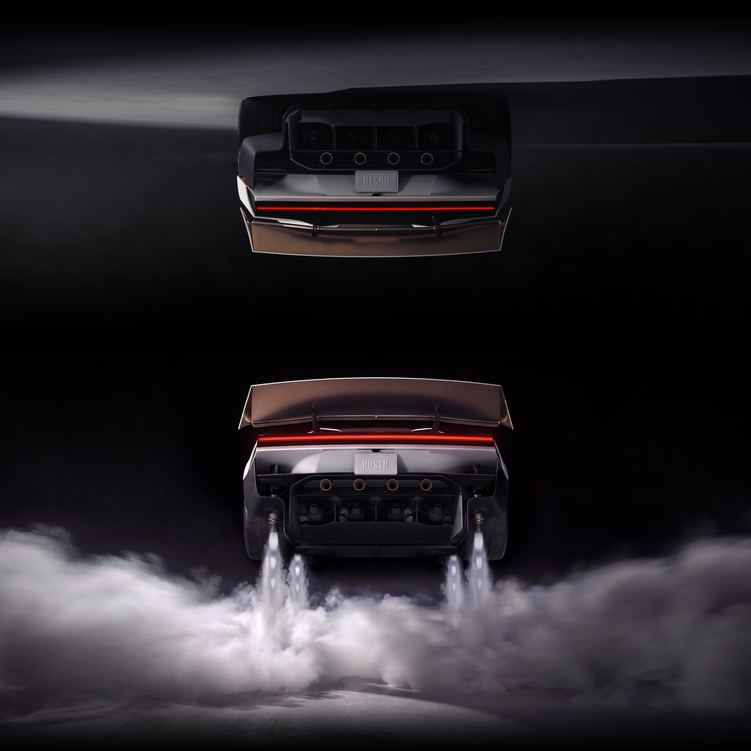 Tesla Roadster with butterfly doors open against a dark background