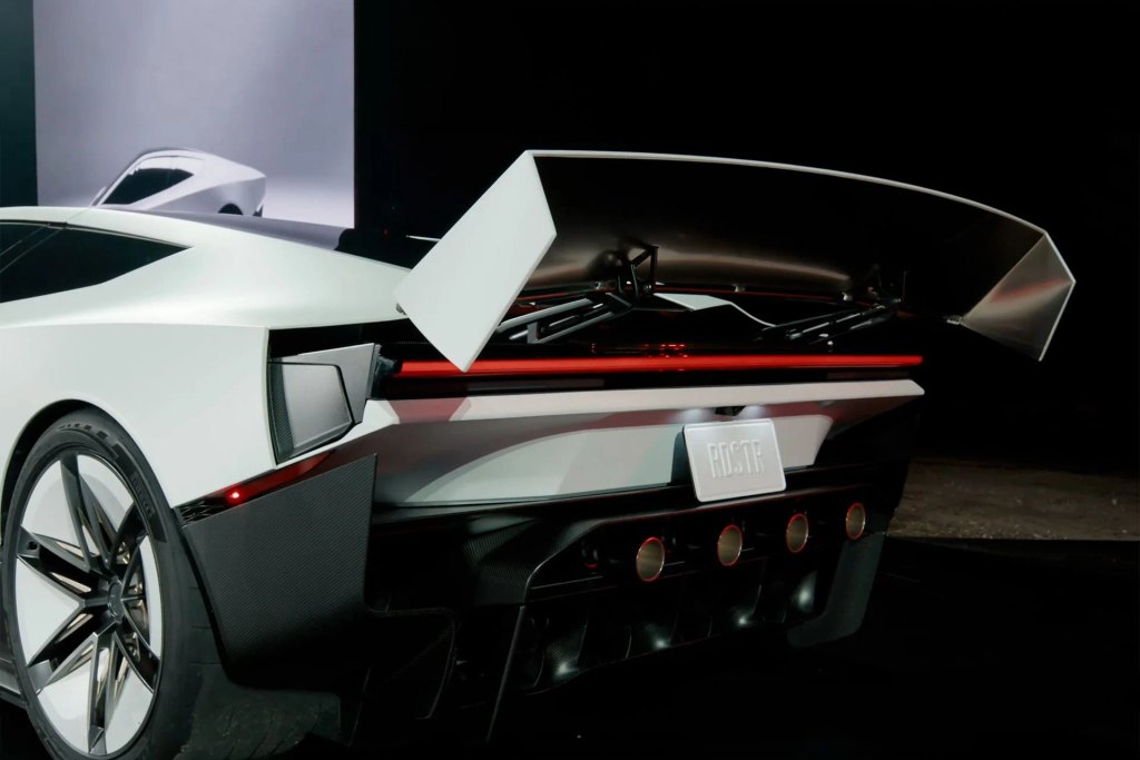 Close-up of the Roadster’s rear with large active wing and dual taillights