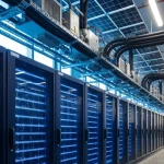 Interior of a modern data center featuring rows of illuminated server racks, overhead cooling pipes, and organized technical infrastructure