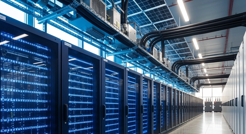 Interior of a modern data center featuring rows of illuminated server racks, overhead cooling pipes, and organized technical infrastructure