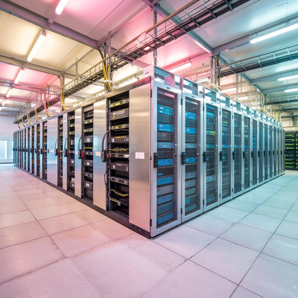 Interior of a data center server room with rows of enclosed equipment racks, overhead cable trays, and colorful artificial lighting
