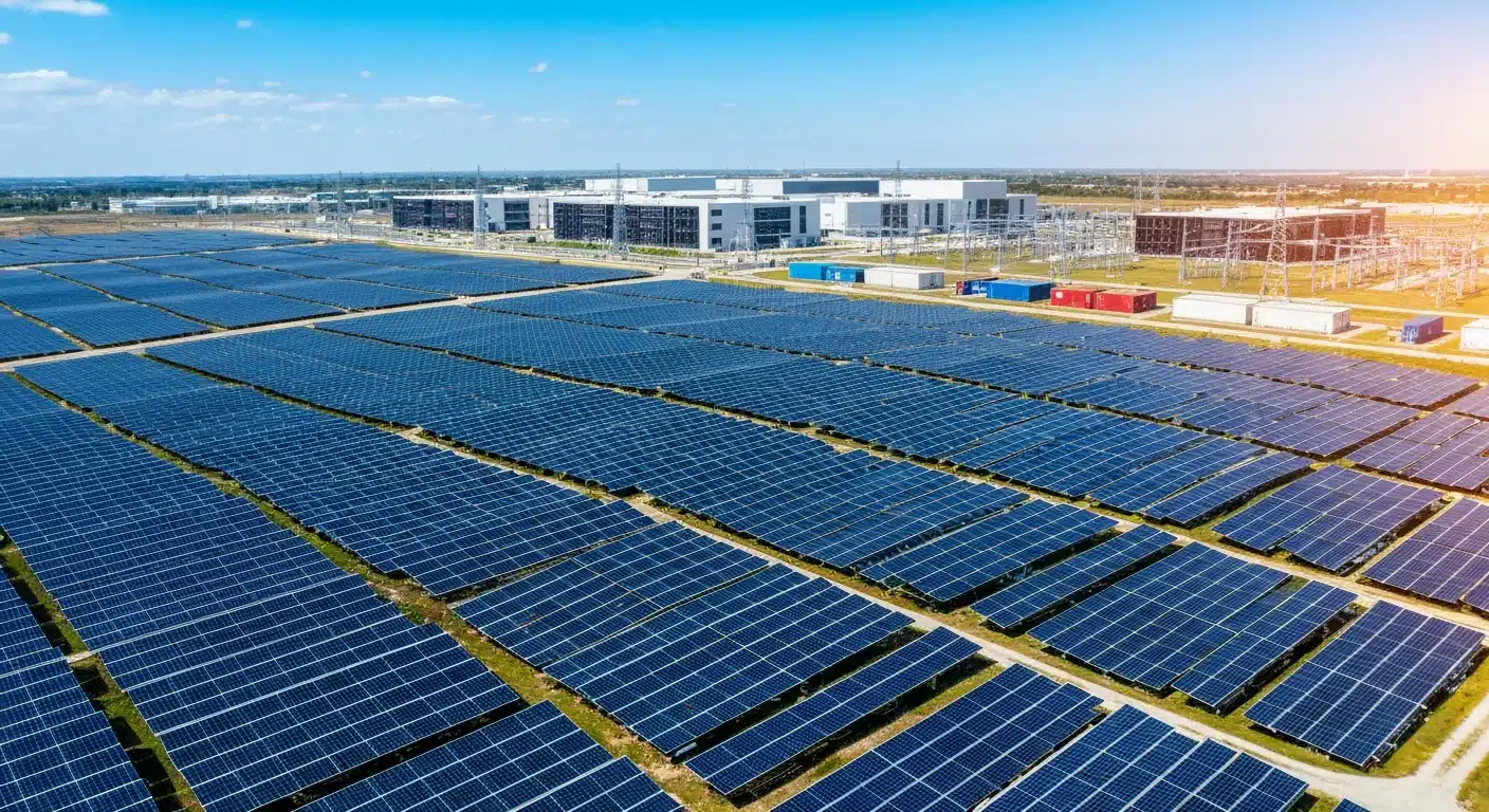 Large solar panel farm extending toward industrial data center buildings, illustrating renewable energy infrastructure supporting digital operations