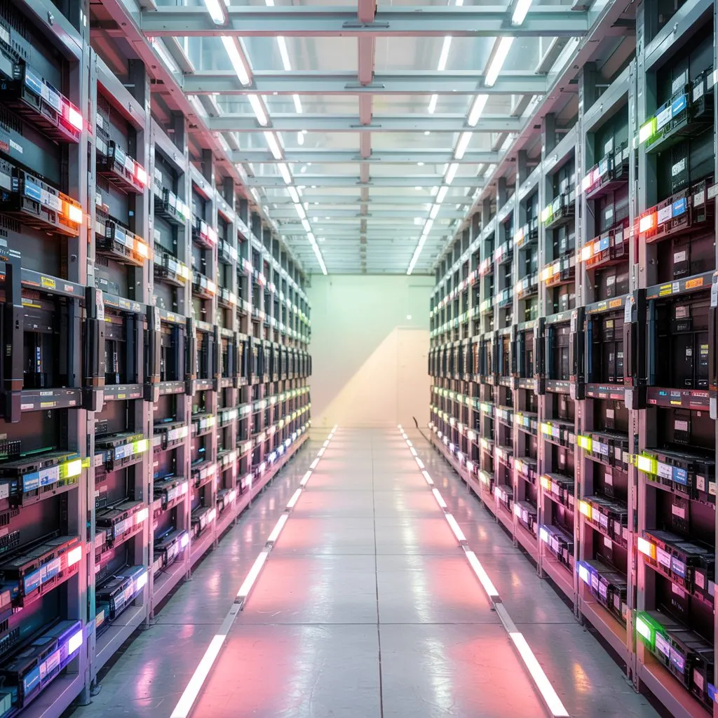 Symmetrical view down a modern data center corridor, featuring high-density server racks, illuminated equipment panels, and organized computing infrastructure