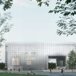 Large translucent white building with a gridded façade and a monumental arched opening, set in a landscaped public square with people walking